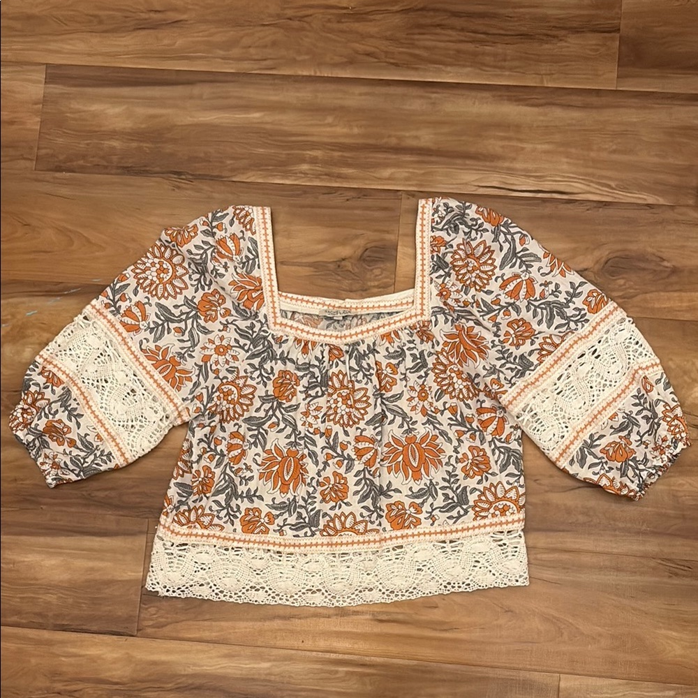 Rachel Zoe Cream, Orange, and Blue Blouse with Embroidered hem